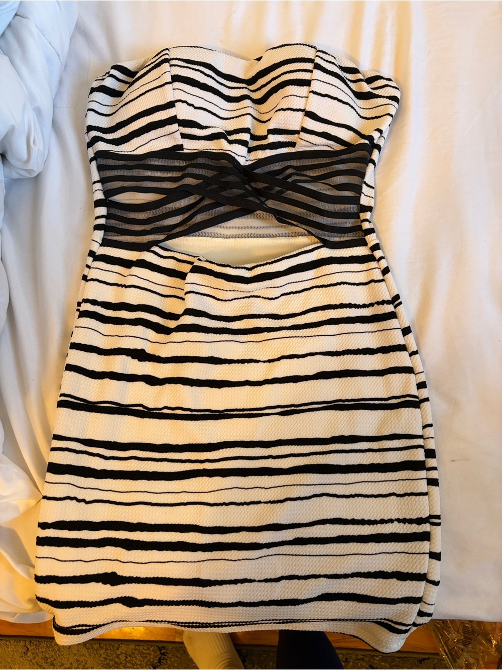 Black and White Striped Strapless Dress with Mesh Waist Cutout
